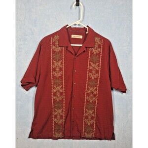 Tommy Bahama Red 100% Silk Embroidered Shirt Large EUC Resort Camp